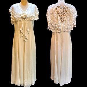 VINTAGE lace wedding‎ prom gown formal dress embroidered collar rose floral 80s